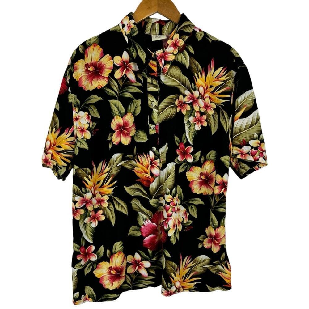 Go Barefoot Hawaiian Shirt Made In USA Black Floral Print Single Stitch Size 3XL